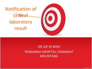 Notification of
critical
laboratory
result
DR LEE OI WAH
PENGARAH HOSPITAL CHANGKAT
MELINTANG
 