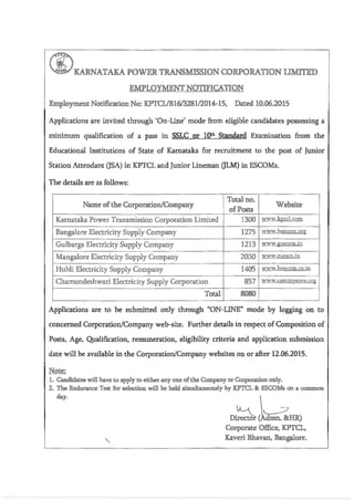 Notification by KPTCL for the posts of Junior Station Attendant and Junior Linemen