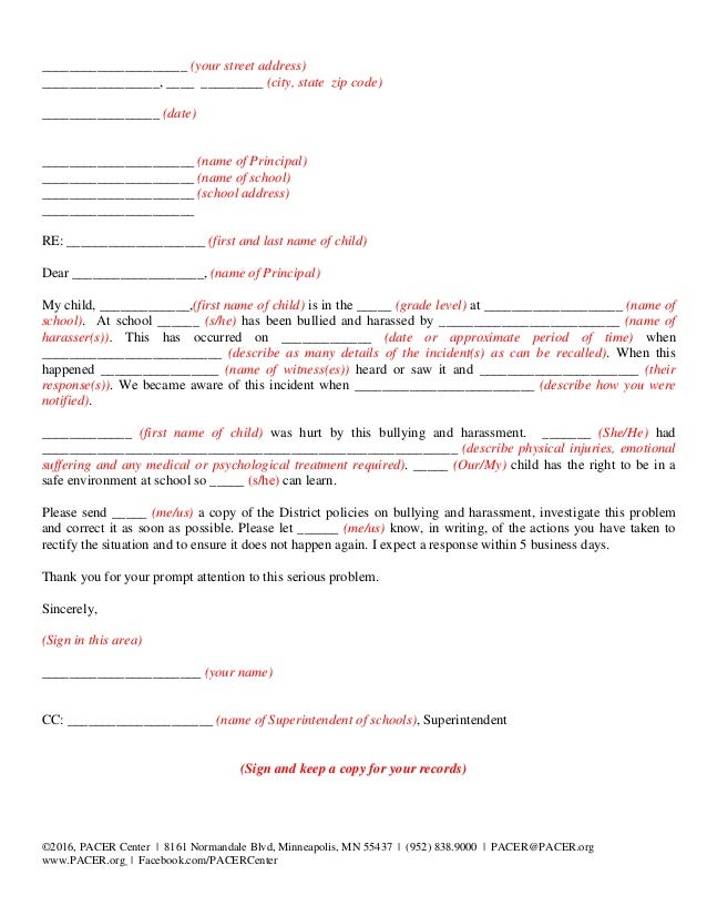 notifying the school about bullying using a template letter pacer letter a template