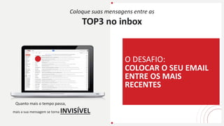 Coloque suas mensagens entre as
TOP3 no inbox
mais a sua mensagem se torna INVISÍVEL
Quanto mais o tempo passa,
O DESAFIO:
COLOCAR O SEU EMAIL
ENTRE OS MAIS
RECENTES
 