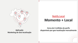 Aplicação
Marketing de Geo localização
Notify Local
Momento + Local
Cerca de 4 milhões de perfis
disponíveis por geo lozalização mensalmente
 