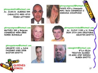 [email_address] Av. JUAN B. ALBERDI 544 CABALLITO 4902-4710 PEDRO LETTIERY QUIENES SOMOS [email_address] MATHEU 384 y Belgrano CONGRESO 4954-0800 NORBI MANDILLE [email_address] URIARTE 1101 y Jufré PALERMO 6380-2008 GASTON GHITTI [email_address] BºLA CELIA TRISTAN SUAREZ  15.6092-3787 EZEIZA RUBEN GHITTI [email_address] Av. JUJUY 1100 y H: Primo 3534-3714 SAN CRISTOBAL AGUSTIN GHITTI ghiraycongreso2 @hotmail.com PASCO 474 y Venezuela 4941-5633 CONGRESO-2 ADRIANA CHIAPPANO 