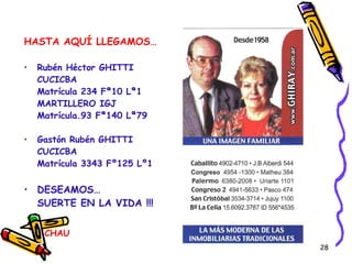 CHAU HASTA AQUÍ LLEGAMOS… Rubén Héctor GHITTI CUCICBA Matrícula 234 Fª10 Lª1 MARTILLERO IGJ Matrícula.93 Fª140 Lª79 Gastón Rubén GHITTI CUCICBA Matrícula 3343 Fº125 Lº1 DESEAMOS… SUERTE EN LA VIDA !!! 