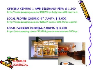ALQUILER COMERCIAL OFICINA CENTRO 1 AMB BELGRANO-PERU $ 1.100 http://aviso.zonaprop.com.ar/458695-av-belgrano-600-centro-microcentro-capital-federal LOCAL FLORES QUIRNO-1º JUNTA $ 2.000 http://aviso.zonaprop.com.ar/428037-quirno-900-flores-capital-federal LOCAL PALERMO CABRERA-DARWIN $ 3.200 http://aviso.zonaprop.com.ar/403998-jose-antonio-cabrera-5300-palermo-viejo-palermo-capital-federal 