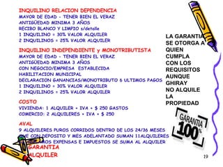 GARANTIA ALQUILER INQUILINO RELACION DEPENDENCIA MAYOR DE EDAD - TENER BIEN EL VERAZ ANTIGÜEDAD MINIMA 3 AÑOS RECIBO BLANCO Y LIMPIO s/detalle 1 INQUILINO = 30% VALOR ALQUILER 2 INQUILINOS = 25% VALOR ALQUILER INQUILINO INDEPENDIENTE y MONOTRIBUTISTA MAYOR DE EDAD - TENER BIEN EL VERAZ ANTIGÜEDAD MINIMA 3 AÑOS CON NEGOCIO/EMPRESA  ESTABLECIDA HABILITACION MUNICIPAL DECLARACION GANANCIAS/MONOTRIBUTO 6 ULTIMOS PAGOS 1 INQUILINO = 30% VALOR ALQUILER 2 INQUILINOS = 25% VALOR ALQUILER COSTO VIVIENDA: 1 ALQUILER + IVA + $ 250 GASTOS COMERCIO: 2 ALQUILERES + IVA + $ 250 AVAL 9 ALQUILERES PUROS CORRIDOS DENTRO DE LOS 24/36 MESES QUE CON DEPOSITO Y MES ADELANTADO SUMAN 11ALQUILERES SI AVALAMOS EXPENSAS E IMPUESTOS SE SUMA AL ALQUILER LA GARANTIA SE OTORGA A QUIEN CUMPLA CON LOS REQUISITOS AUNQUE GHIRAY NO ALQUILE LA PROPIEDAD 