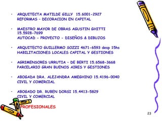 PROFESIONALES ARQUITECTA MATILDE GILLY  15.6001-2927 REFORMAS – DECORACION EN CAPITAL MAESTRO MAYOR DE OBRAS AGUSTIN GHITTI 15.5928-7699 AUTOCAD - PROYECTO - DISEÑOS & DIBUJOS ARQUITECTO GUILLERMO SOZZI 4671-6593 desp 15hs HABILITACIONES LOCALES CAPITAL Y GESTIONES AGRIMENSORES URRUTIA – DE BERTI 15.6568-3668 PARCELARIO GRAN BUENOS AIRES Y GESTIONES ABOGADA DRA. ALEJANDRA AMEGHINO 15.4196-0040 CIVIL Y COMERCIAL ABOGADO DR. RUBEN DORSI 15.4413-5829 CIVIL Y COMERCIAL 