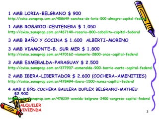 1 AMB LORIA-BELGRANO $ 900 http://aviso.zonaprop.com.ar/458649-sanchez-de-loria-500-almagro-capital-federal 1 AMB ROSARIO-CENTENERA $ 1.050 http://aviso.zonaprop.com.ar/467140-rosario-800-caballito-capital-federal 3 AMB BAÑO Y COCINA $ 1.600  ALBERTI-MORENO 3 AMB VIAMONTE-B. SUR MER $ 1.800 http://aviso.zonaprop.com.ar/470162-viamonte-2800-once-capital-federal 3 AMB ESMERALDA-PARAGUAY $ 2.500 http://aviso.zonaprop.com.ar/377937-esmeralda-900-barrio-norte-capital-federal 2 AMB IBERA-LIBERTADOR $ 2.600 (COCHERA-AMENITIES) http://aviso.zonaprop.com.ar/478494-ibera-1500-nunez-capital-federal 4 AMB 2 BÑS COCHERA BAULERA DUPLEX BELGRANO-MATHEU $2.900 http://aviso.zonaprop.com.ar/478239-avenida-belgrano-2400-congreso-capital-federal ALQUILER VIVIENDA 