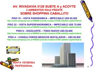 VENTA VIVIENDA ó PROFESIONAL AV. RIVADAVIA 5126 SUBTE A y ACOYTE 3 AMBIENTES 55m2 FRENTE SOBRE SHOPPING CABALLITO PISO 15 – VISTA PANORAMICA – IMPECABLE U$S 69.500 http://aviso.zonaprop.com.ar/366969-avenida-rivadavia-5100-caballito-capital-federal PISO 22 – VISTA SUPERPANORAMICA – IMPECABLE U$S 75.000 http://aviso.zonaprop.com.ar/366970-avenida-rivadavia-5100-caballito-capital-federal PISO 6 – EXCELENTE – TODO NUEVO U$S 85.000 http://aviso.zonaprop.com.ar/280643-avenida-rivadavia-5100-caballito-capital-federal PISO 4 – CONSULTORIOS MEDICOS INSTALADOS – U$S 85.000 http:// aviso.zonaprop.com.ar /196323-avenida- rivadavia -5100-caballito-capital-federal 
