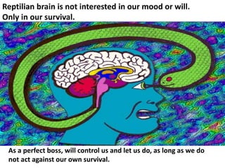 Reptilian brain is not interested in our mood or will.
Only in our survival.
As a perfect boss, will control us and let us do, as long as we do
not act against our own survival.
 