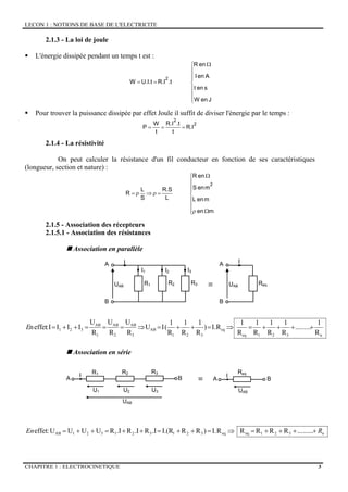 LECON 1 : NOTIONS DE BASE DE L'ELECTRICITE
CHAPITRE 1 : ELECTROCINETIQUE 3
2.1.3 - La loi de joule
L'énergie dissipée pendant un temps t est :
⎪
⎪
⎪
⎩
⎪⎪
⎪
⎨
⎧ Ω
==
JenW
sent
AenI
enR
.tR.IU.I.tW
2
Pour trouver la puissance dissipée par effet Joule il suffit de diviser l'énergie par le temps :
2
2
R.I
t
.tR.I
t
W
P ===
2.1.4 - La résistivité
On peut calculer la résistance d'un fil conducteur en fonction de ses caractéristiques
(longueur, section et nature) :
⎪
⎪
⎪
⎩
⎪⎪
⎪
⎨
⎧
Ωρ
Ω
=ρ⇒ρ=
men
menL
menS
enR
L
R.S
S
L
R
2
2.1.5 - Association des récepteurs
2.1.5.1 - Association des résistances
Association en parallèle
I
I1 I2 I3
R1 R2 R3UAB
A
B
≡
I
ReqUAB
A
B
n321eq
eq
321
AB
3
AB
2
AB
1
AB
321
R
1
.........
R
1
R
1
R
1
R
1
RI.)
R
1
R
1
R
1
(IU
R
U
R
U
R
U
IIII:effetn ++++=⇒=++=⇒===++=E
Association en série
I
U1
A B ≡
U2 U3
R1 R2 R3
UAB
I
UAB
A
Req
B
n321eqeq321321321AB .........RRRRRI.)RRI.(R.IR.IR.IRUUUU:effet REn ++++=⇒=++=++=++=
 