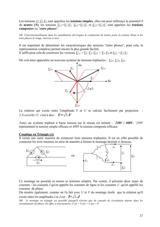 Les tensions V1,V2,V3 sont appelées les tensions simples, elles ont pour référence le potentiel 0
du neutre (N), les tensions U12=V1-V2, U31=V3-V1 et U23=V2-V3 sont appelées les tensions
composées ou "entre phases".
NB :Conventionnellement dans les installations électriques le conducteur de neutre porte la couleur bleue et les
trois phases le rouge, marron et noir.
Il est important de déterminer les caractéristiques des tensions "entre phases", pour cela, la
représentation complexe permet encore la plus grande facilité.
Il suffit pour cela de construire les vecteurs U12 = V1–V2, U23 = V1-V3 et U31 =V3-V1.
On voit ainsi apparaître un nouveau système de tensions triphasées : U12, U23, U31
Re
Im
V1
V3
V2
-2π/3
U12
U23
U31
La relation qui existe entre l'amplitude V et U se calcule facilement par projection :
2.Vcos(π/6)=U c'est à dire : U= 3 .V
Ainsi, un système triphasé à basse tension sur le réseau est intitulé : 230V / 400V, 230V
représentant la tension simple efficace et 400V la tension composée efficace.
Couplage en Triangle (∆)
Il existe une autre manière de connecter trois tensions triphasées. Il est en effet possible de
connecter les trois tensions en série de manière à former le montage dessiné ci dessous.
U2
U3
1
3
U1
2
I31
I12
I23
J1
U1
U2
U3
ou
Ce montage ne possède ni neutre ni tensions simples. Par contre, il présente deux types de
courants : les courants I qu'on appelle les courants de ligne et les courants J : qu'on appelle les
courants de phase.
On montre également, comme on l'a fait avec U et V du montage étoile que la relation qu'il
existe entre les amplitudes I et J est : I= 3 .J
NB : le montage en triangle est possible puisqu'il n'existe pas de courant de circulation interne dans les
enroulements de phase. En effet, à tout moment, U1(t) + U2(t) + U3(t) = 0
21
 
