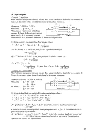 IV - 9) Exemples
Exemple 1 : équilibre
On s’intéresse au système triphasé suivant dans lequel on cherche à calculer les courants de
lignes, la puissance totale absorbée ainsi que le facteur de puissance.
1
N 2
3
Z
Z
Z
N'
Neutre non relié
V1
I1
IN
VZ1
On donne V=230V et f=50Hz.
On donne Z = R + j.Lω
On demande l’expression littérale du
courant de ligne, de la puissance active
consommée, de la puissance réactive
consommée, de la puissance apparente et du facteur de puissance.
Système équilibré puisque même Z sur chaque phase:
V1 = Z1.I1 ⇒ I1 = V/Z1 ⇒ I1 =
)²(² ωLR
VI
+
=
P = 3.V.I.cosϕ = 3.R.I² (c’est plus facile à exprimer comme ça)
)²(²
²..3
ωLR
VR
+
=P
Q = ∑V.I.sinϕ = 3. L.ω.I² (c’est plus pratique à calculer comme ça)
)²(²
²..3
ω
ω
LR
VL
+
=Q
S = √( P² + Q² ) = 3.V.I
)²(²
²3
ωLR
VS
+
= Et pour finir : Cosϕ = P/S =
)²(² ωLR
R
+
Exemple 2 : Déséquilibre
On s’intéresse au système triphasé suivant dans lequel on cherche à calculer les courants de
lignes, la puissance totale absorbée ainsi que le facteur de puissance.
1
N 2
3
Z1
Z2
Z3
N'= N
Neutre relié
V1
I1
IN
VZ1
De façon classique V=230V et f=50Hz.
On donne Z1 = 10 + j.10
= R1 + j.L1ω
de même : Z2 = 10 + j.20
Z3 = 20 + j.10
Système déséquilibré : on traite indépendamment chaque phase :
V1 = Z1.I1 ⇒ I1 = V/Z1 = V/√(10²+10²) = 16.26A
V2 = Z2.I2 ⇒ I2 = V/Z2 = V/√(10²+20²) = 10.28A
V3 = Z3.I3 ⇒ I3 = V/Z3 = V/√(20²+10²) = 10.28A
P = ∑V.I.cosϕ = R1.I1² + R2.I2² + R2.I2² (c’est plus pratique à calculer comme ça)
= 5814.2W
Comme le système est déséquilibré, on ne peut pas écrire S = ∑V.I, il faut alors calculer la
puissance réactive consommée :
Q = ∑V.I.sinϕ = L1.ω.I1² + L2.ω.I2² + L3.ω.I2² (c’est plus pratique à calculer comme ça)
= 5814.2VAR (ici on trouve la même valeur que pour P étant donné la
symétrie des valeurs des impédances)
27
 