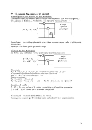 IV - 10) Mesures de puissances en triphasé
Méthode générale dite "méthode des trois Wattmètres"
Comme le système présente trois phases qui consomment chacune leurs puissances propre, il
est nécessaire de disposer de 3 wattmètres pour mesurer la puissance totale.
Charge
Triphasée
Quelconque
1
2
3
N
W1
W2
W3
P = W1 + W2 + W3
Inconvénients : Necessité de présence du neutre (donc montage triangle exclu) et utilisation de
3 wattmètres
Avantage : fonctionne quelle que soit la charge
"Méthode des deux Wattmètres"
On dispose les 2 wattmètres, comme le représente le schéma ci dessous :
Charge
Triphasée
Quelconque
1
2
3
W1
W2
P = W1 + W2
Q = √3(W1 - W2)
Démonstration :
W1 + W2 = <(v1-v3)(t).i1(t) + (v2-v3)(t).i2(t)> = <v1(t).i1(t) + v2(t).i2(t)+ v3(t)(-i1(t)-i2(t))>
Si le système est équilibré ou déséquilibré sans neutre, i1(t)+i2(t)+i3(t) = 0.
Ainsi : W1 + W2 = <(v1.i1 + v2.i2+ v3.i3)(t)> = Ptotale
De plus, on montre que :
W1 =<(v1-v3).i1(t)> = V.I.cos(ϕ-π/6)
W2 =<(v2-v3).i1(t)>=VI.cos(ϕ+π/6) d'où W1 - W2 = -2.V.I.sinϕ.sin(-π/6) = Qtotale/√3
Conditions de validité :
P = W1 + W2 n'est vrai que si le système est équilibré ou déséquilibré sans neutre.
Q = √3(W1 - W2) n'est vrai que si le système est équilibré.
Inconvénients : conditions de validité à ne pas oublier
Avantage : ne nécessite que 2 wattmètres ou un seul wattmètre avec un commutateur
28
 