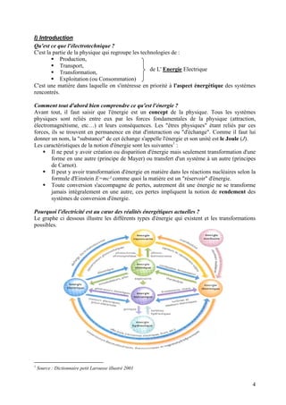 I) Introduction
Qu'est ce que l'électrotechnique ?
C'est la partie de la physique qui regroupe les technologies de :
Production,
Transport,
de L' Energie Electrique
Transformation,
Exploitation (ou Consommation)
C'est une matière dans laquelle on s'intéresse en priorité à l'aspect énergétique des systèmes
rencontrés.
Comment tout d'abord bien comprendre ce qu'est l'énergie ?
Avant tout, il faut saisir que l'énergie est un concept de la physique. Tous les systèmes
physiques sont reliés entre eux par les forces fondamentales de la physique (attraction,
électromagnétisme, etc…) et leurs conséquences. Les "êtres physiques" étant reliés par ces
forces, ils se trouvent en permanence en état d'interaction ou "d'échange". Comme il faut lui
donner un nom, la "substance" de cet échange s'appelle l'énergie et son unité est le Joule (J).
Les caractéristiques de la notion d'énergie sont les suivantes1
:
Il ne peut y avoir création ou disparition d'énergie mais seulement transformation d'une
forme en une autre (principe de Mayer) ou transfert d'un système à un autre (principes
de Carnot).
Il peut y avoir transformation d'énergie en matière dans les réactions nucléaires selon la
formule d'Einstein E=mc² comme quoi la matière est un "réservoir" d'énergie.
Toute conversion s'accompagne de pertes, autrement dit une énergie ne se transforme
jamais intégralement en une autre, ces pertes impliquent la notion de rendement des
systèmes de conversion d'énergie.
Pourquoi l'électricité est au cœur des réalités énergétiques actuelles ?
Le graphe ci dessous illustre les différents types d'énergie qui existent et les transformations
possibles.
4
1
Source : Dictionnaire petit Larousse illustré 2001
 