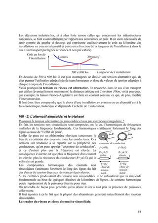 Les décisions industrielles, et à plus forte raison celles qui concernent les infrastructures
nationales, se font essentiellement par rapport aux contraintes de coût. Il est alors nécessaire de
tenir compte du graphe ci dessous qui représente qualitativement le coût au kilomètre des
installations en courant alternatif et continu en fonction de la longueur de l'installation ( dans le
cas d’un transport par lignes aériennes et non par câbles).
Continu Alternatif
Longueur de l’installation500 à 800 km
Coût au km de
l’installation
En dessous de 500 à 800 km, il est plus avantageux de choisir une tension alternative qui, de
plus permet l’utilisation généralisée de transformateurs et donc de valeurs de tension adaptées à
chaque tronçon de l’installation.
Voilà pourquoi la tension du réseau est alternative. En revanche, dans le cas d’un transport
par câbles (éventuellement souterrains) la distance critique est d’environ 30km, voilà pourquoi,
par exemple, la liaison France-Angleterre est faite en courant continu, ce qui, de plus, facilite
l’interconnexion.
Il faut donc bien comprendre que le choix d’une installation en continu ou en alternatif est à la
fois économique, historique et dépend de l’échelle de l’installation.
VIII - 3) L’alternatif sinusoïdal et le triphasé
Pourquoi la tension alternative est sinusoïdale et non pas carrée ou triangulaire ?
En fait, les tensions non sinusoïdales sont composées, on l'a vu, d'harmoniques de fréquences
multiples de la fréquence fondamentale. Ces harmoniques s’atténuent fortement le long des
lignes à cause de "l’effet de peau".
L'effet de peau est un phénomène physique concernant le
lieu de circulation des courants dans les conducteurs. Ces
derniers ont tendance à se répartir sur la périphérie des
conducteurs, qu'on peut appeler "couronne de conduction",
et ce d'autant plus que la fréquence est élevée. La
conséquence évidente est que plus la fréquence d'un courant
est élevée, plus la résistance du conducteur (R=ρL/S) qui le
véhicule est grande.
Les composantes harmoniques des courants non
sinusoïdaux s'atténuent fortement le long des lignes du fait
des chutes de tension dues aux résistances équivalentes.
Si les centrales produisaient des tension non sinusoïdales, il ne subsisterait que la sinusoïde
fondamentale au bout de quelques dizaines de kilomètres de lignes…le contenu harmonique
perdu représentant de la puissance fournie pour rien.
V=R.I
chute de
tension
faible
I
V=R.I
chute de
tension
faible
I
R=ρL/S
élevée
R=ρL/S
faible
f=50Hz f=5kHz
II
couronne de conduction
On retiendra de façon plus générale qu'on désire éviter à tout prix la présence de puissance
déformante.
Il faut rajouter à ça le fait que la plupart des alternateurs génèrent naturellement des tensions
sinusoïdales.
La tension du réseau est donc alternative sinusoïdale.
54
 