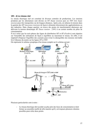 VIII – 4) Le réseau réel
Le réseau électrique réel est constitué de diverses centrales de productions. Les tensions
produites par les alternateurs sont élevées en HT (haute tension) puis en THT (très haute
tension) pour être transportées sur de longues distances. Après cela, on rabaisse la tension dans
la gamme des MT (moyennes tensions) de façon à alimenter directement des agglomérations ou
des industries. Dans chaque quartier, on trouve des postes de transformation abaisseurs qui
délivrent la tension domestique BT (basse tension : 230V) à un certain nombre de pôles de
consommation.
Il est à noter que les trois phases des lignes de distribution MT et BT (Feeders) sont réparties
sur l'ensemble des utilisateurs de façon à équilibrer au maximum le réseau. En effet, il est
impératif d'imposer l'équilibre des courants pour éviter le déséquilibre des tensions inévitable
lié à l'absence du neutre sur les lignes HT et THT.
On représente le schéma synoptique d'un réseau complet sur le schéma suivant :
Plusieurs particularités sont à noter :
- Le réseau électrique doit accéder au plus près des lieux de consommation et doit
former un ensemble maillé de telle manière qu'il y ait toujours plusieurs chemins
possibles pour relier deux points.
57
 