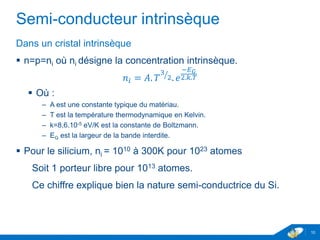 www.geii.eu 10
Semi-conducteur intrinsèque
Dans un cristal intrinsèque
 n=p=ni où ni désigne la concentration intrinsèque.
𝑛𝑖 = 𝐴. 𝑇
3
2. 𝑒
−𝐸 𝐺
2.𝑘.𝑇
 Où :
– A est une constante typique du matériau.
– T est la température thermodynamique en Kelvin.
– k=8,6.10-5 eV/K est la constante de Boltzmann.
– EG est la largeur de la bande interdite.
 Pour le silicium, ni = 1010 à 300K pour 1023 atomes
Soit 1 porteur libre pour 1013 atomes.
Ce chiffre explique bien la nature semi-conductrice du Si.
10
 