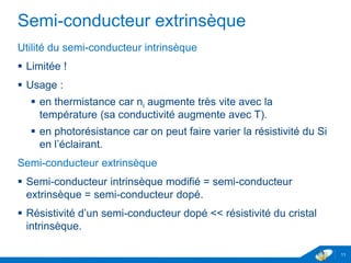 www.geii.eu 11
Semi-conducteur extrinsèque
Utilité du semi-conducteur intrinsèque
 Limitée !
 Usage :
 en thermistance car ni augmente très vite avec la
température (sa conductivité augmente avec T).
 en photorésistance car on peut faire varier la résistivité du Si
en l’éclairant.
Semi-conducteur extrinsèque
 Semi-conducteur intrinsèque modifié = semi-conducteur
extrinsèque = semi-conducteur dopé.
 Résistivité d’un semi-conducteur dopé << résistivité du cristal
intrinsèque.
11
 
