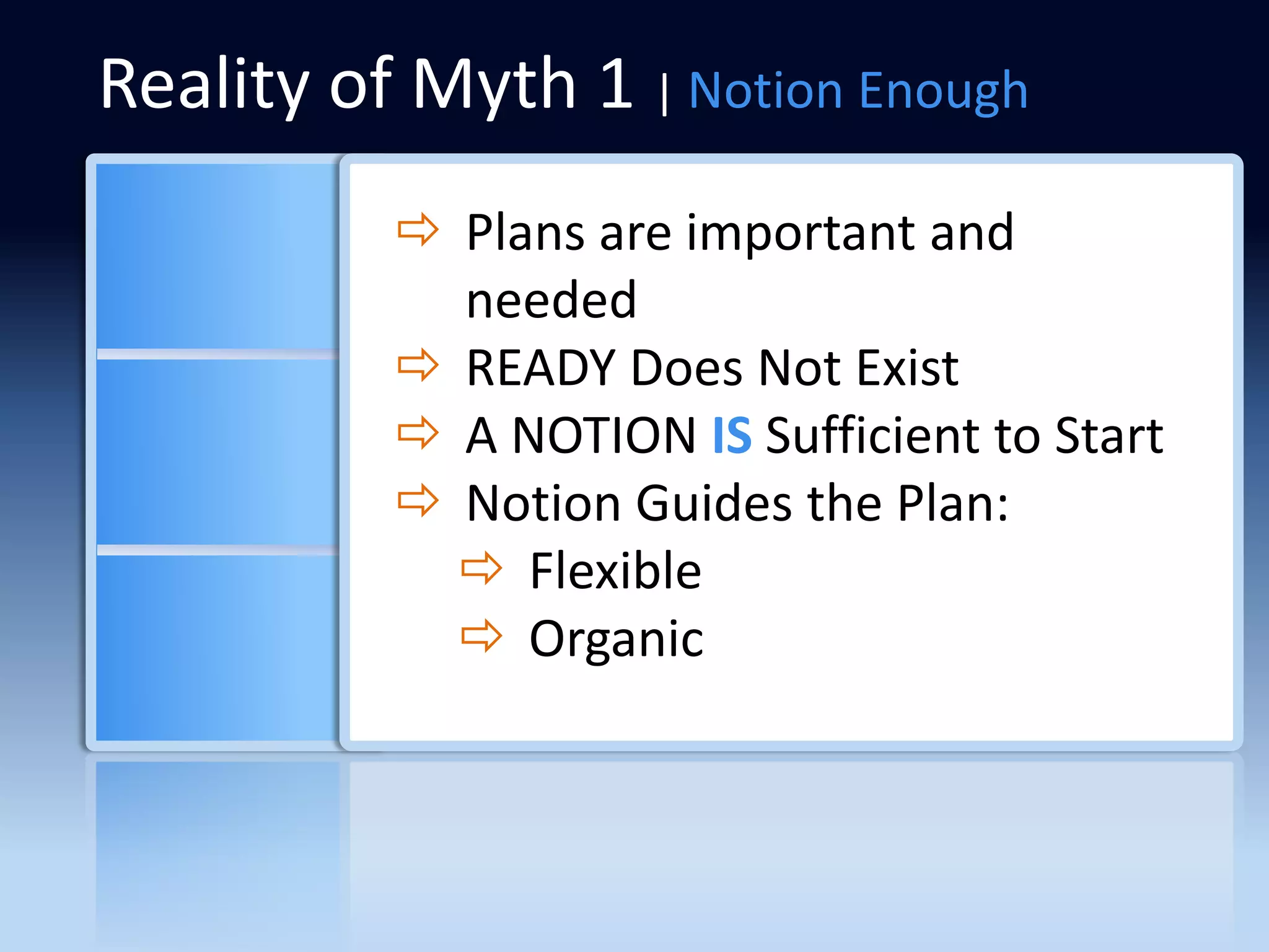 Reality of Myth 1 | Notion Enough
           Plans are important and
            needed
           READY Does Not Exist
           A NOTION IS Sufficient to Start
           Notion Guides the Plan:
             Flexible
             Organic
 
