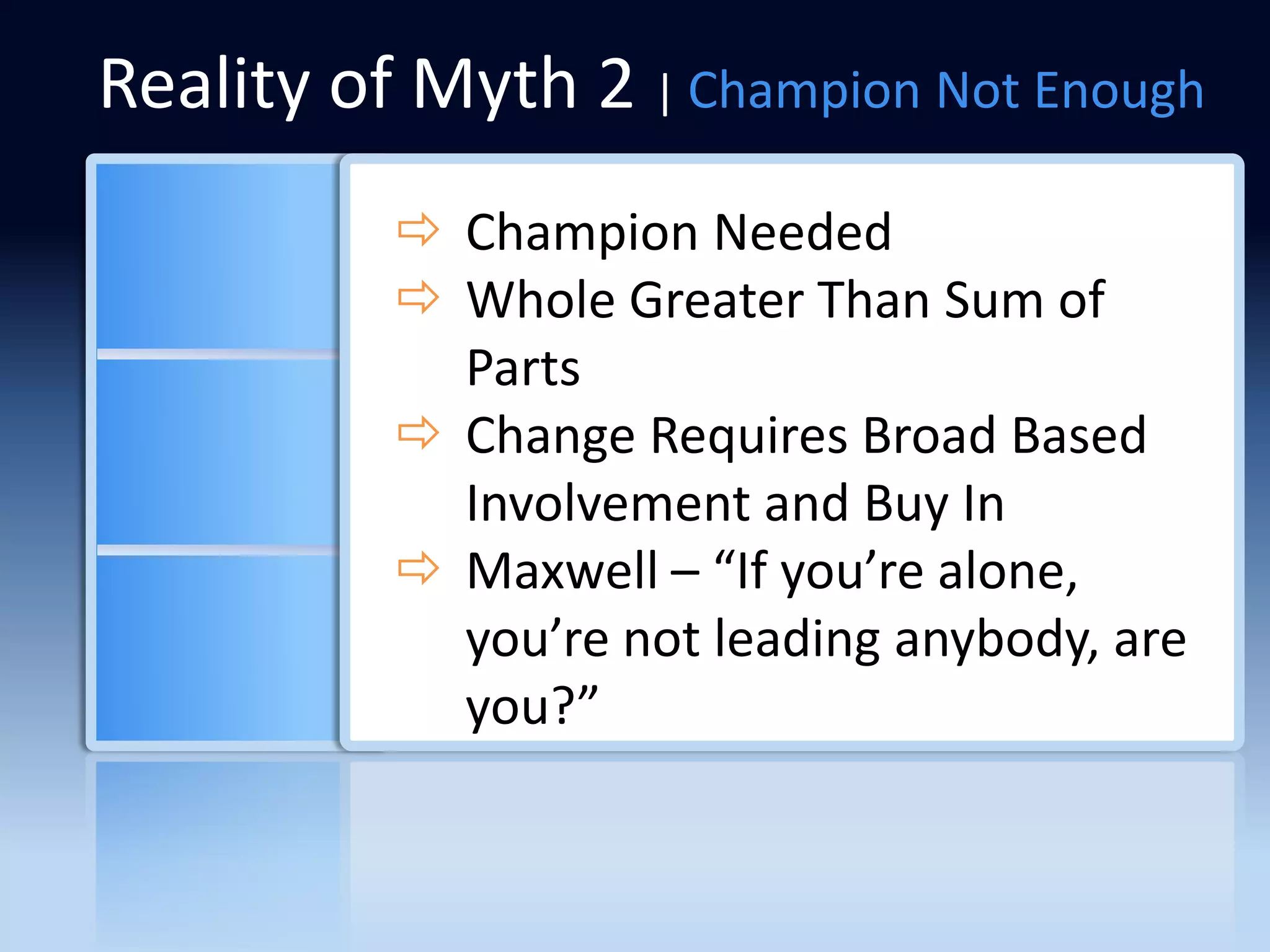 Reality of Myth 2 | Champion Not Enough
           Champion Needed
           Whole Greater Than Sum of
            Parts
           Change Requires Broad Based
            Involvement and Buy In
           Maxwell – “If you’re alone,
            you’re not leading anybody, are
            you?”
 