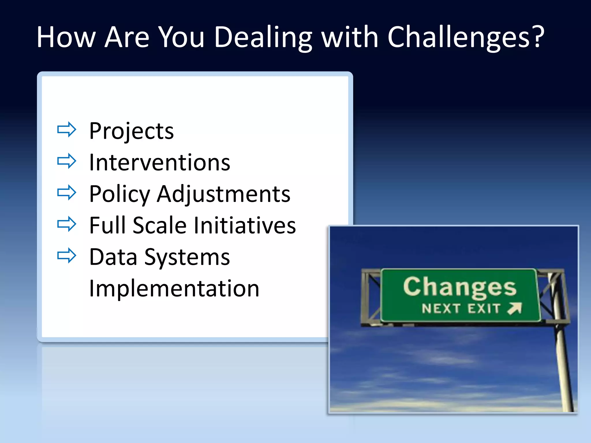 How Are You Dealing with Challenges?

    Projects
    Interventions
    Policy Adjustments
    Full Scale Initiatives
    Data Systems
     Implementation
 