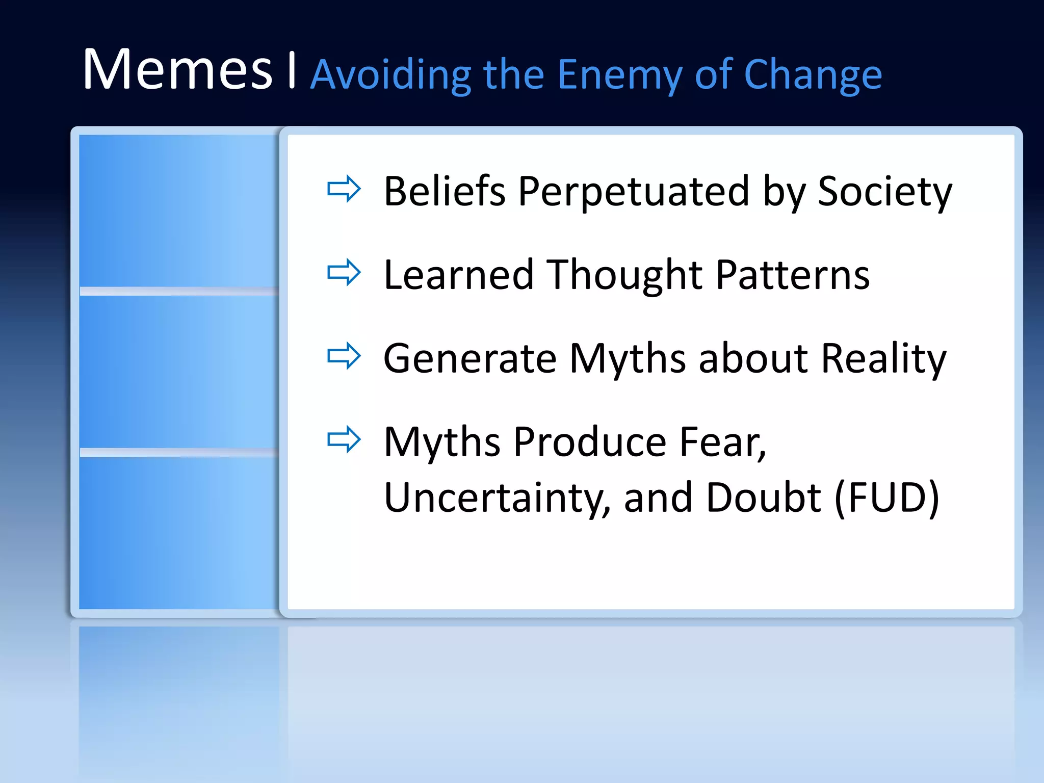 Memes|Avoiding the Enemy of Change
           Beliefs Perpetuated by Society
           Learned Thought Patterns
           Generate Myths about Reality
           Myths Produce Fear,
            Uncertainty, and Doubt (FUD)
 