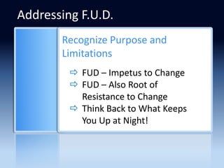 Addressing F.U.D.
       Recognize Purpose and
       Limitations
          FUD – Impetus to Change
          FUD – Also Root of
           Resistance to Change
          Think Back to What Keeps
           You Up at Night!
 