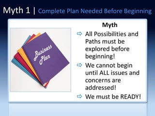 Myth 1 | Complete Plan Needed Before Beginning
                               Myth
                       All Possibilities and
                        Paths must be
                        explored before
                        beginning!
                       We cannot begin
                        until ALL issues and
                        concerns are
                        addressed!
                       We must be READY!
 