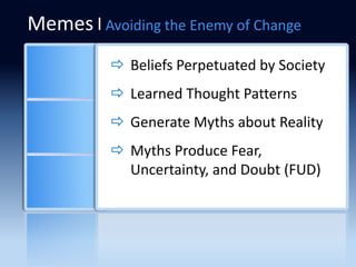 Memes|Avoiding the Enemy of Change
           Beliefs Perpetuated by Society
           Learned Thought Patterns
           Generate Myths about Reality
           Myths Produce Fear,
            Uncertainty, and Doubt (FUD)
 