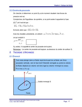 Chapitre 2 : Statique des fluides
5.3 Centre de poussée
On cherche à déterminer un point G0 où le moment résultant des forces de
pression est nul.
Compte tenu de l’hypothèse de symétrie, si ce point existe il appartient à l’axe
(G,Y ) et il est tel que :
M G0 = M G + G0G ∧ R = 0 .
Ecrivons alors que : GG0 ∧ R = MG
Avec les résultats précédents, on obtient : y0 .Y ∧ PG .S.X =ϖ.I(G, Z
s
) .Z ,
ce qui conduit à
y0 = −
ϖ.I
(G,Z
r)
Go existe, il s’appelle le centre de poussée de la paroi.
Remarque : Le centre de poussée est toujours au-dessous du centre de surface G.
6 THEOREME D’ARCHIMEDE
6.1 Énoncé
Tout corps plongé dans un fluide reçoit de la part de ce fluide une force
(poussée) verticale, vers le haut dont l'intensité est égale au poids du volume
de fluide déplacé (ce volume est donc égal au volume immergé du corps).
PARCH=ρfluide.Vimm.g
P
r
ARCH
Solide immergé S
Fluide
Notions de mécanique des fluides. Cours et exercices corrigés.
Page: 17Auteur : Riadh BEN HAMOUDA
PG .S
 