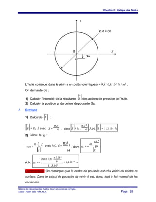 Chapitre 2 : Statique des fluides
Y
Ø d = 60
G Z
yo
o
L’huile contenue dans le vérin a un poids volumiqueϖ = 9,81.0,8.103 N / m3 .
On demande de :
1) Calculer l’intensité de la résultante R des actions de pression de l’huile.
2) Calculer la position y0 du centre de poussée G0.
2 REPONSE
1) Calcul de R :
R = PG .S avec S =
π.d 2
, donc R = PG .
π.d 2
A.N. R = 11,3.10
3
N4 4
2) Calcul de y0 :
ϖ. I
r(G avec I (G, z) =
π.d 4 ϖ.
π.d 4
y0 = −
,Z
r
)
, donc y0 = − r64
R 64 R
9810.0,8. π.0,064
64 = 4,4.10−7 mA.N. y0 = −
11,3.103
Commentaire: On remarque que le centre de poussée est très voisin du centre de
surface. Dans le calcul de poussée du vérin il est, donc, tout à fait normal de les
confondre.
Notions de mécanique des fluides. Cours et exercices corrigés.
Page: 28Auteur : Riadh BEN HAMOUDA
 