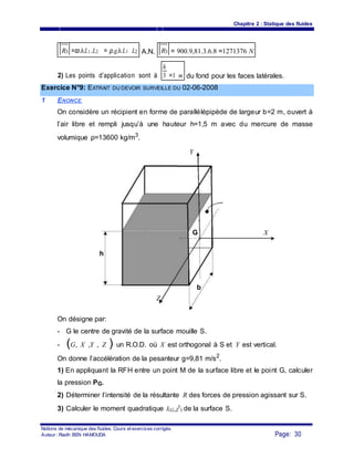 Chapitre 2 : Statique des fluides
R3 =ϖ.h.L1.L2 = ρ.g.h.L1 L2 A.N. R3 = 900.9,81.3.6.8 =1271376 N
2) Les points d’application sont à
h
=1 m du fond pour les faces latérales.3
Exercice N°9: EXTRAIT DU DEVOIR SURVEILLE DU 02-06-2008
1 ENONCE
On considère un récipient en forme de parallélépipède de largeur b=2 m, ouvert à
l’air libre et rempli jusqu’à une hauteur h=1,5 m avec du mercure de masse
volumique ρ=13600 kg/m3
.
Y
G X
h
b
Z
On désigne par:
- G le centre de gravité de la surface mouille S.
- (G, X ,Y , Z ) un R.O.D. où X est orthogonal à S et Y est vertical.
On donne l’accélération de la pesanteur g=9,81 m/s2
.
1) En appliquant la RFH entre un point M de la surface libre et le point G, calculer
la pression PG.
2) Déterminer l’intensité de la résultante R des forces de pression agissant sur S.
3) Calculer le moment quadratique I(G,Z
r
) de la surface S.
Notions de mécanique des fluides. Cours et exercices corrigés.
Page: 30Auteur : Riadh BEN HAMOUDA
 