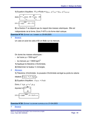 Chapitre 2 : Statique des fluides
1) Equation d’équilibre : Parch=Poids ⇒ ρglace .g.Vtotal = ρeau .g.Vimmergé
donc F =
Vimmergé
.100 =
ρglace
.100
V
total
ρ
eau
A.N. F = 1025
995
.100 = 97%
2) La fraction F ne dépend que du rapport des masses volumiques. Elle est
indépendante de la forme. Donc F=97% si la forme était cubique.
Exercice N°19: EXTRAIT DE L’EXAMEN DU 20-06-2005
1 ENONCE
Un cube en acier de coté a=50 cm flotte sur du mercure.
h
a
On donne les masses volumiques :
- de l’acier ρ1= 7800 kg/m3
- du mercure ρ2= 13600 kg/m3
1) Appliquer le théorème d’Archimède,
2) Déterminer la hauteur h immergée.
2 REPONSE
1) Théorème d’Archimède : la poussée d’Archimède est égal au poids du volume
déplacé: PARCH = a2 .h.ρ2 .g .
2) Equation d’équilibre : PARCH = Poids
Donc a2 .h.ρ2 .g = a3 .ρ1.g
équivaut à h =
ρ1 .a
ρ2
A.N. h = 13600
7800
.50 = 28,676 cm
Exercice N°20: EXTRAIT DU DEVOIR SURVEILLE DU 21-04-2003
1 ENONCE
Notions de mécanique des fluides. Cours et exercices corrigés.
Page: 44Auteur : Riadh BEN HAMOUDA
 