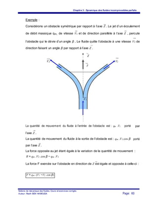 Chapitre 3 : Dynamique des fluides incompressibles parfaits
Exemple :
Considérons un obstacle symétrique par rapport à l’axe Z . Le jet d’un écoulement
de débit massique qm, de vitesse V1 et de direction parallèle à l’axe Z , percute
l’obstacle qui le dévie d’un angle β . Le fluide quitte l’obstacle à une vitesse V2 de
direction faisant un angle β par rapport à l’axe Z .
Z
V2 V2
F
V1
La quantité de mouvement du fluide à l’entrée de l’obstacle est : qm .V1 porté par
l’axe Z .
La quantité de mouvement du fluide à la sortie de l’obstacle est : qm .V1.cos β porté
par l’axe Z .
La force opposée au jet étant égale à la variation de la quantité de mouvement :
R = qm .V2 .cos β − qm .V1
La force F exercée sur l’obstacle en direction de Z est égale et opposée à celle-ci :
F = qm .(V1 −V2 .cos β)
Notions de mécanique des fluides. Cours et exercices corrigés.
Page: 60Auteur : Riadh BEN HAMOUDA
 