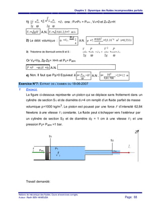 Chapitre 3 : Dynamique des fluides incompressibles parfaits
1) VS
2
+Ps +Zs =
V
A
2
+PA
+ZA ona : Ps=PA = Patm , VA=0 et ZA-ZS=H
2g ϖ 2g ϖ
VS = 2gH A.N. VS = 2.9,81.2,5=7 m/s
2) Le débit volumique : qv =VS .
π.d 2
A.N. qV =7. π.0,012
=5,5.10−4 m3 /s=0,55l/s
4 4
V 2
P V 2
P
3) Théorème de Bernoulli entre B et S : B
+ B
+ Z B = S
+ S
+ Z S
ϖ2g ϖ 2g
Or Vs=VB, ZB-ZS= H+h et Ps= Patm
B at m
A.N.
PB =10
5
−6896.(2,5+0, 4) =80001,6Pa=0, 8bar
P =P −ϖ.(H +h)
4) Non. Il faut que PB>0 Equivaut à h< Patm −H A.N . h< 105
−2,5=12 m
9,81.700ϖ
Exercice N°7: EXTRAIT DE L’EXAMEN DU 18-06-2007
1 ENONCE
La figure ci-dessous représente un piston qui se déplace sans frottement dans un
cylindre de section S1 et de diamètre d1=4 cm remplit d’un fluide parfait de masse
volumique ρ=1000 kg/m3
. Le piston est poussé par une force F d’intensité 62,84
Newtons à une vitesse V1 constante. Le fluide peut s’échapper vers l’extérieur par
un cylindre de section S2 et de diamètre d2 = 1 cm à une vitesse V2 et une
pression P2= Patm =1 bar.
Zr
S1
S2
r v
r
2
Patm
P1
F
v
r
1
Patm
Travail demandé:
Notions de mécanique des fluides. Cours et exercices corrigés.
Page: 68Auteur : Riadh BEN HAMOUDA
 