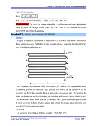 Chapitre 4 : Dynamique des fluides incompressibles réels
Notions de mécanique des fluides. Cours et exercices corrigés.
Auteur : Riadh BEN HAMOUDA Page: 104
Or V1=V2, P1=P2=Patm
donc: ( )SL JJPP ++= .12 ρ
A.N. barPaP 3421,1134210)24,2255,143.(100010.3 5
2 ==+−=
Commentaire : La perte de charge singulière constitue une part non négligeable
dans la perte de charge totale (13,4 %). Ce ci est dû au nombre important
d’accidents de parcours (coudes).
EExxeerrcciiccee NN°°77:: EEXXTTRRAAIITT DDEE LL’’EEXXAAMMEENN DDUU 1166--0066--22000088
11 ENONCE
La figure ci-dessous représente le serpentin d’un plancher chauffant à circulation
d'eau utilisé dans une habitation. L’eau chaude utilisée, serpente dans le plancher
pour chauffer la surface du sol.
Une pompe de circulation de débit volumique qv=0,236 L/s, non représentée dans
la schéma, permet de refouler l’eau chaude qui rentre par la section A ou la
pression est PA=8 bar, circule dans le serpentin en passant par 10 tronçons de
tubes rectilignes de section circulaire, de diamètre intérieur d=10 mm, de longueur
L= 6 m chacun, reliés entre eux par 9 coudes à 180°, pour enfin sortir par le point
B ou la pression de l’eau chute à cause des pertes de charge pour atteindre une
pression PB qu’on veut déterminer.
On donne :
- la viscosité cinématique de l’eau chaude ν=0,75.10-6
m2
/s.
A
B
L
entrée
sortie
 