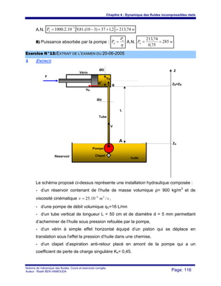 Chapitre 4 : Dynamique des fluides incompressibles réels
Notions de mécanique des fluides. Cours et exercices corrigés.
Auteur : Riadh BEN HAMOUDA Page: 116
A.N. [ ] wPn 74,2132,137)310.(81,9.10.2.1000 3
=++−= −
8) Puissance absorbée par la pompe :
η
n
a
P
P = A.N. wPa 285
75,0
74,213
==
EExxeerrcciiccee NN°°1133::EEXXTTRRAAIITT DDEE LL’’EEXXAAMMEENN DDUU 2200--0066--22000055
11 ENONCE
Le schéma proposé ci-dessus représente une installation hydraulique composée :
- d’un réservoir contenant de l’huile de masse volumique ρ= 900 kg/m3
et de
viscosité cinématique sm /10.25 26−
=ν ,
- d’une pompe de débit volumique qV=16 L/mn
- d’un tube vertical de longueur L = 50 cm et de diamètre d = 5 mm permettant
d’acheminer de l’huile sous pression refoulée par la pompe,
- d’un vérin à simple effet horizontal équipé d’un piston qui se déplace en
translation sous l’effet la pression d’huile dans une chemise,
- d’un clapet d’aspiration anti-retour placé en amont de la pompe qui a un
coefficient de perte de charge singulière Ks= 0,45.
Z
ZA
A
F
B ZB=ZB’
L
Pompe
Clapet
huile
Réservoir
Tube
Vérin
Ød
ØD
B’
VB’
VB
V
 
