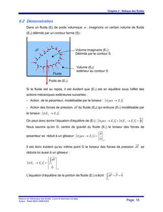 Chapitre 2 : Statique des fluides
Notions de mécanique des fluides. Cours et exercices corrigés.
Auteur : Riadh BEN HAMOUDA Page: 18
6.2 Démonstration
Dans un fluide (E) de poids volumique ϖ , imaginons un certain volume de fluide
(E1) délimité par un contour fermé (S) :
Si le fluide est au repos, il est évident que (E1) est en équilibre sous l’effet des
actions mécaniques extérieures suivantes :
- Action de la pesanteur, modélisable par le torseur : { })( 1Epes →τ
- Action des forces de pression Fd
r
du fluide (E2) qui entoure (E1) modélisable par
le torseur :{ })( 12 EE →τ
On peut donc écrire l’équation d’équilibre de (E1) :{ } { } {}0)()( 121 =→+→ EEEpes ττ
Nous savons qu’en G, centre de gravité du fluide (E1) le torseur des forces de
pesanteur se réduit à un glisseur :{ }
G
P
Epes
⎪⎭
⎪
⎬
⎫
⎪⎩
⎪
⎨
⎧
=→
0
)( 1τ
Il est donc évident qu’au même point G le torseur des forces de pression dF se
réduira lui aussi à un glisseur :
{ }
G
S
dF
EE
⎪
⎭
⎪
⎬
⎫
⎪
⎩
⎪
⎨
⎧
=→
∫
0
)( )(12τ
L’équation d’équilibre de la portion de fluide (E1) s’écrit : 0
)(
=+∫ PdF
S
Fluide
Volume imaginaire (E1)
Délimité par le contour S
Volume (E2)
extérieur au contour S
Fd
r
Poids de (E1)
 