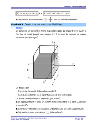 Chapitre 2 : Statique des fluides
Notions de mécanique des fluides. Cours et exercices corrigés.
Auteur : Riadh BEN HAMOUDA Page: 30
21213 ...... LLhgLLhR ρϖ == A.N. NR 12713768.6.3.81,9.9003 ==
2) Les points d’application sont à m
h
1
3
= du fond pour les faces latérales.
EExxeerrcciiccee NN°°99:: EEXXTTRRAAIITT DDUU DDEEVVOOIIRR SSUURRVVEEIILLLLEE DDUU 0022--0066--22000088
11 ENONCE
On considère un récipient en forme de parallélépipède de largeur b=2 m, ouvert à
l’air libre et rempli jusqu’à une hauteur h=1,5 m avec du mercure de masse
volumique ρ=13600 kg/m3
.
On désigne par:
- G le centre de gravité de la surface mouille S.
- ( )ZYXG
rrr
,,, un R.O.D. où X
r
est orthogonal à S et Y
r
est vertical.
On donne l’accélération de la pesanteur g=9,81 m/s2
.
1) En appliquant la RFH entre un point M de la surface libre et le point G, calculer
la pression PG.
2) Déterminer l’intensité de la résultante R
r
des forces de pression agissant sur S.
3) Calculer le moment quadratique ),( ZG
I r de la surface S.
h
G X
r
Y
r
Z
r
b
 