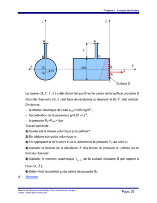 Chapitre 2 : Statique des fluides
Notions de mécanique des fluides. Cours et exercices corrigés.
Auteur : Riadh BEN HAMOUDA Page: 35
Le repère (G, X
r
,Y
r
, Z
r
) a été choisit tel que G est le centre de la surface circulaire S
(fond de réservoir). (G, X
r
) est l'axe de révolution du réservoir et (G,Y
r
) est vertical.
On donne:
- la masse volumique de l'eau ρeau=1000 kg/m3
,
- l'accélération de la pesanteur g=9,81 m.s-2
,
- la pression PA=Patm=1bar.
Travail demandé :
1) Quelle est la masse volumique ρ du pétrole?
2) En déduire son poids volumique ϖ .
3) En appliquant la RFH entre G et A, déterminer la pression PG au point G.
4) Calculer le module de la résultante R
r
des forces de pression du pétrole sur le
fond du réservoir.
5) Calculer le moment quadratique ),( ZG
I r de la surface circulaire S par rapport à
l'axe (G, Z
r
).
6) Déterminer la position y0 du centre de poussée G0.
22 REPONSE
Y
r
Z
r X
r
Y
r
G
G0
G
G0
y0 R
r
L
ØD
A
BB
A
Surface S
 