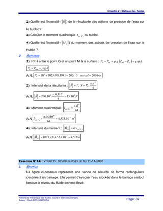 Chapitre 2 : Statique des fluides
Notions de mécanique des fluides. Cours et exercices corrigés.
Auteur : Riadh BEN HAMOUDA Page: 37
2) Quelle est l’intensité ( R
r
) de la résultante des actions de pression de l’eau sur
le hublot ?
3) Calculer le moment quadratique ),( ZG
I r du hublot.
4) Quelle est l’intensité ( GM
r
) du moment des actions de pression de l’eau sur le
hublot ?
22 REPONSE
1) RFH entre le point G et un point M à la surface : ( ) hgZZgPP GMMG .... ρρ =−=−
hgPP atmG ..ρ+=
A.N. barpascalPG 20010.2001981.8,9.102510 55
==+=
2) Intensité de la résultante :
4
.
..
2
d
PSPR GG
π
==
r
A.N. NR 5
2
5
10.15
4
310,0.
.10.200 ==
πr
3) Moment quadratique :
64
. 4
),(
d
I YG
π
=r
A.N
44
4
),(
10.533,4
64
310,0.
mI YG
−
==
πr
4) Intensité du moment : ),(
. YGG IM r
r
ϖ=
A.N NmMG 5,410.533,4.8,9.1025 '
== −
r
EExxeerrcciiccee NN°°1144::EEXXTTRRAAIITT DDUU DDEEVVOOIIRR SSUURRVVEEIILLLLEE DDUU 1111--1111--22000033
11 ENONCE
La figure ci-dessous représente une vanne de sécurité de forme rectangulaire
destinée à un barrage. Elle permet d’évacuer l’eau stockée dans le barrage surtout
lorsque le niveau du fluide devient élevé.
 