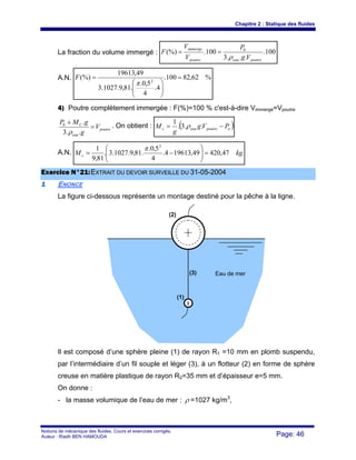 Chapitre 2 : Statique des fluides
Notions de mécanique des fluides. Cours et exercices corrigés.
Auteur : Riadh BEN HAMOUDA Page: 46
La fraction du volume immergé : 100.
...3
100.(%) 0
poutreeaupoutre
immerge
Vg
P
V
V
F
ρ
==
A.N. %62,82100.
4.
4
5,0.
.81,9.1027.3
49,19613
(%) 2
=
⎟⎟
⎠
⎞
⎜⎜
⎝
⎛
=
π
F
4) Poutre complètement immergée : F(%)=100 % c'est-à-dire Vimmergé=Vpoutre
poutre
eau
C
V
g
gMP
=
+
..3
.0
ρ
. On obtient : ( )opoutreeauc PVg
g
M −= ..3.
1
ρ
A.N. kgMc 47,42049,196134.
4
5,0.
.81,9.1027.3.
81,9
1 2
=⎟⎟
⎠
⎞
⎜⎜
⎝
⎛
−=
π
EExxeerrcciiccee NN°°2211::EEXXTTRRAAIITT DDUU DDEEVVOOIIRR SSUURRVVEEIILLLLEE DDUU 3311--0055--22000044
11 ENONCE
La figure ci-dessous représente un montage destiné pour la pêche à la ligne.
Il est composé d’une sphère pleine (1) de rayon R1 =10 mm en plomb suspendu,
par l’intermédiaire d’un fil souple et léger (3), à un flotteur (2) en forme de sphère
creuse en matière plastique de rayon R2=35 mm et d’épaisseur e=5 mm.
On donne :
- la masse volumique de l’eau de mer : ρ =1027 kg/m3
,
(2)
(1)
(3) Eau de mer
 