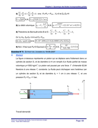 Chapitre 3 : Dynamique des fluides incompressibles parfaits
Notions de mécanique des fluides. Cours et exercices corrigés.
Auteur : Riadh BEN HAMOUDA Page: 68
1) A
AA
s
sS
ZP
g
V
ZP
g
V
++=++
ϖϖ 22
22
ona : Ps=PA = Patm , VA=0 et ZA-ZS=H
gHVS 2= A.N. smVS /75,2.81,9.2 ==
2) Le débit volumique :
4
.
.
2
d
Vq Sv
π
= A.N. slsmqV /55,0/10.5,5
4
01,0.
.7 34
2
=== −
π
3) Théorème de Bernoulli entre B et S : S
SS
B
BB
Z
P
g
V
Z
P
g
V
++=++
ϖϖ 22
22
Or Vs=VB, ZB-ZS= H+h et Ps= Patm
).( hHPP atmB +−= ϖ A.N. barPaPB 8,06,80001)4,05,2.(6896105
==+−=
4) Non. Il faut que PB>0 Equivaut à HPh atm
−<
ϖ
A.N . mh 125,2
700.81,9
105
=−<
EExxeerrcciiccee NN°°77:: EEXXTTRRAAIITT DDEE LL’’EEXXAAMMEENN DDUU 1188--0066--22000077
11 ENONCE
La figure ci-dessous représente un piston qui se déplace sans frottement dans un
cylindre de section S1 et de diamètre d1=4 cm remplit d’un fluide parfait de masse
volumique ρ=1000 kg/m3
. Le piston est poussé par une force F
r
d’intensité 62,84
Newtons à une vitesse 1V
r
constante. Le fluide peut s’échapper vers l’extérieur par
un cylindre de section S2 et de diamètre d2 = 1 cm à une vitesse 2V
r
et une
pression P2= Patm =1 bar.
Travail demandé:
2v
r
F
r
S1
S2
P1Patm Patm
1v
r
Z
r
 