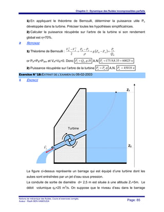 Chapitre 3 : Dynamique des fluides incompressibles parfaits
Notions de mécanique des fluides. Cours et exercices corrigés.
Auteur : Riadh BEN HAMOUDA Page: 85
1) En appliquant le théorème de Bernoulli, déterminer la puissance utile Pu
développée dans la turbine. Préciser toutes les hypothèses simplificatrices.
2) Calculer la puissance récupérée sur l’arbre de la turbine si son rendement
global est η=70%.
22 REPONSE
1) Théorème de Bernoulli : ( )
m
u
AB
ABAB
Q
P
ZZg
PPVV
=−+
−
+
−
.
2
22
ρ
or PA=PB=Patm et VA=VB=0. Donc HgQP mu ..= A.N wPu 6002535.8,9.175 ==
2) Puissance récupérée sur l’arbre de la turbine η.ua PP = A.N. wPa 45018=
EExxeerrcciiccee NN°°1188::EEXXTTRRAAIITT DDEE LL’’EEXXAAMMEENN DDUU 0066--0022--22000033
11 ENONCE
La figure ci-dessus représente un barrage qui est équipé d’une turbine dont les
aubes sont entraînées par un jet d’eau sous pression.
La conduite de sortie de diamètre d= 2,5 m est située à une altitude Z1=5m. Le
débit volumique qv=25 m3
/s. On suppose que le niveau d’eau dans le barrage
2V
r
Z1
Z2
d
Turbine
 