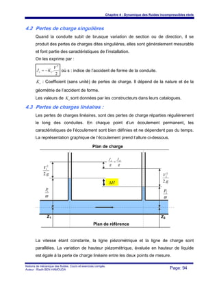 Chapitre 4 : Dynamique des fluides incompressibles réels
Notions de mécanique des fluides. Cours et exercices corrigés.
Auteur : Riadh BEN HAMOUDA Page: 94
4.2 Pertes de charge singulières
Quand la conduite subit de brusque variation de section ou de direction, il se
produit des pertes de charges dites singulières, elles sont généralement mesurable
et font partie des caractéristiques de l’installation.
On les exprime par :
2
.
2
V
KJ ss −= où s : indice de l’accident de forme de la conduite.
sK : Coefficient (sans unité) de pertes de charge. Il dépend de la nature et de la
géométrie de l’accident de forme.
Les valeurs de sK sont données par les constructeurs dans leurs catalogues.
4.3 Pertes de charges linéaires :
Les pertes de charges linéaires, sont des pertes de charge réparties régulièrement
le long des conduites. En chaque point d’un écoulement permanent, les
caractéristiques de l’écoulement sont bien définies et ne dépendent pas du temps.
La représentation graphique de l’écoulement prend l’allure ci-dessous.
La vitesse étant constante, la ligne piézométrique et la ligne de charge sont
parallèles. La variation de hauteur piézométrique, évaluée en hauteur de liquide
est égale à la perte de charge linéaire entre les deux points de mesure.
Plan de charge
Plan de référence
g
V
.2
2
1
g
V
.2
2
2
ϖ
1P
ϖ
2P
Z1 Z2
g
J
g
JL 12
=
HΔ
 