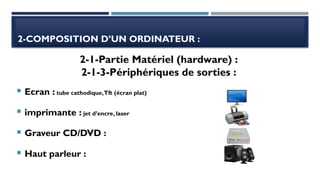 2-COMPOSITION D’UN ORDINATEUR :
 Ecran : tube cathodique,Tft (écran plat)
 imprimante : jet d’encre, laser
 Graveur CD/DVD :
 Haut parleur :
2-1-Partie Matériel (hardware) :
2-1-3-Périphériques de sorties :
 