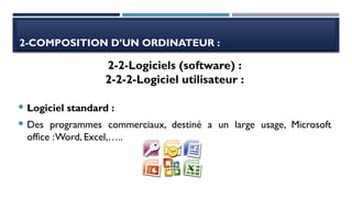 2-COMPOSITION D’UN ORDINATEUR :
 Logiciel standard :
 Des programmes commerciaux, destiné a un large usage, Microsoft
office :Word, Excel,…..
2-2-Logiciels (software) :
2-2-2-Logiciel utilisateur :
 