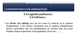 2-COMPOSITION D’UN ORDINATEUR :
 Un driver (ou pilote) sert de lien entre le matériel et le système
d’exploitation, si les drivers n'existaient pas, le système d'exploitation
devrait reconnaître tous les périphériques du marché, d'où une prise
d'espace disque importante, carte graphique, carte son,…….
2-2-Logiciels (software) :
2-2-3-Drivers :
 
