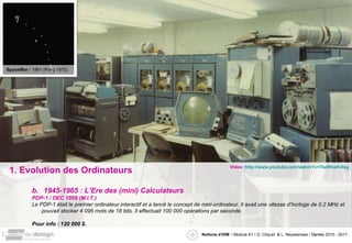 1. Evolution des Ordinateurs 1945-1965 : L’Ere des (mini) Calculateurs PDP-1 / DEC 1959 (M.I.T.) Le PDP-1 était le premier ordinateur interactif et a lancé le concept de mini-ordinateur. Il avait une vitesse d’horloge de 0,2 MHz et pouvait stocker 4 096 mots de 18 bits. Il effectuait 100 000 opérations par seconde. Pour info : 120 000 $. SpaceWar  / 1961 (Pong 1972) Video : http://www.youtube.com/watch?v=7bzWnaH-0sg 
