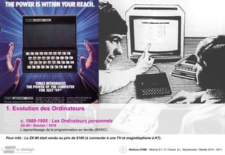 1. Evolution des Ordinateurs c. 1980-1995 : Les Ordinateurs personnels ZX-80 / Sinclair / 1978 L’apprentissage de la programmation en famille (BASIC) Pour info : Le ZX-80 était vendu au prix de $100 (à connecter à une TV et magnétophone à K7) . 